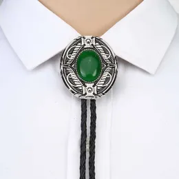 Bolo Ties Green Aventurine bolo tie for man Indian cowboy western cowgirl leather rope zinc alloy necktie Oval shape wave side HKD230719