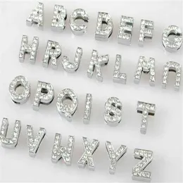 Hela 10mm 130pcs Lot A-Z Full Rhinestones Slide Letters DIY Alfabet Charm Tillbehör Passar för 10mm PET-krage Keychains285U