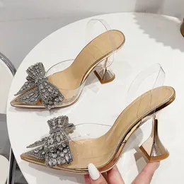 Sandaler Liyke Fashion Crystal Sequin Bow Tie Women's Pump Sexig Point Toe High Heels Wedding Ball Shoes Women's PVC Transparent Sandals 230718