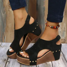 Sandals Summer Fish Mouth Rivet Wedge Platform Sandals Women Plus Size Romen Sandals Vintage Wood Grain Sole Sandalias De Mujer 230718