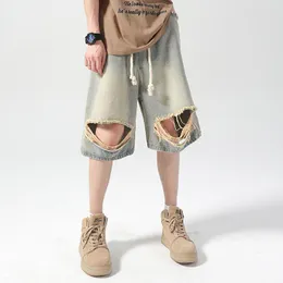 Erkek kot pantolon Amerikan tarzı çizim yırtık kot şort yaz ruffian yakışıklı cadde gevşek beş noktalı pantolon erkek kıyafetler