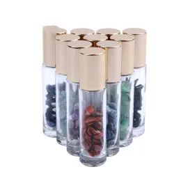 10 ml Classic Natural Stones Ssential Oil Flaskor Gemstone Roller Ball Ball Flaskor Clear Glass Healing Crystal Chips 10 färger