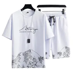 Mens Tracksuits 2 Piecesset Casual Set Fashion Thin Sportswear Mountain Print Loose Tshirt Street Wear 230718