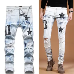 Big Size 38 Biker Jeans For Man Destroyed Wash Denim Pants Men's Slim Fit2964