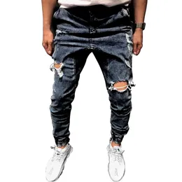 Hommes Cool Designer Marque Bleu Noir Jeans Skinny Déchiré Détruit Stretch Slim Fit Hop Hop Pantalon Avec Des Trous Pour Men318z