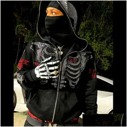 Moletons com capuz masculino Zip Hoodie Roupas masculinas Y2K Moda Goth Strass Borboleta Estampa de esqueleto Suéter de manga longa sobre Dhu3I