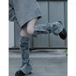 Skarpetki dla kobiet słodkie dżinsowe rozpalone legginsy e-dziewczyny harajuku punkowe kolano wysokie butyka pokrowca na buty dżinsowe pończochy