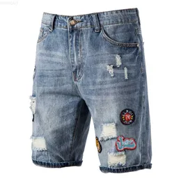 Herren-Shorts AIOPESON Spliced Hole Short Jeans Men Casual Streetwear Mid Waist Cotton Blue Denim Shorts for Men Summer Fashion Shorts for Men L230719