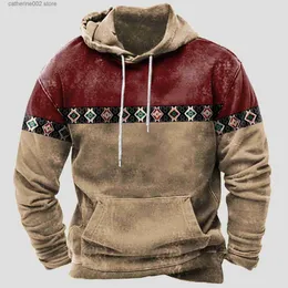 Herren Hoodies Sweatshirts Männer Vintage Patchwork Kapuzenpullover Herbst Colorblock Warm Langarm Boho Ethno Hoodies Männlich Kordelzug Pullover Top T230719