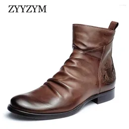 Boots ZYYZYM Men Leather Zipper Autumn Retro Style Badge Embroidery Ankle Army Knights Man Footwear Zapatos De Hombre
