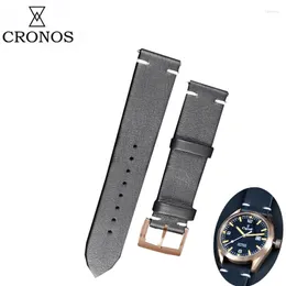 Watch Bands Cronos Parts Black Leather Strap For Flat Ends 22mm Stainless Steel Bronze Tongue Buckle Quick Release Spring Bars