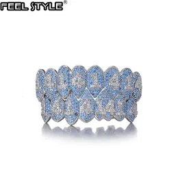 Navel Bell Button Rings Feel Style CZ Teeth Caps Bling Blue Cubic Zircon Iced Out Micro Pave Top Bottom Charm Grills Set For Men Women Jewelry Gi 230718