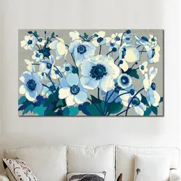 Abstract Flowers Canvas Art Blue Handmade Landscape Målning Modern musikrum Dekor