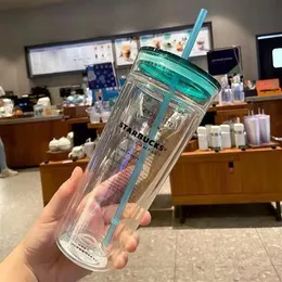 2021 Ограниченная серия Starbucks Mugs Classic Green Lid Двойная стеклянная соломенная чашка с большой емкостью 321 Вт