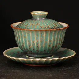 Vintage Glaze Kiln Change Gaiwan 100ml Green Ceramic Tea Bowls with Lid Big Master Cup Pu'er Tea Tureen Tea Cup Accessories213K