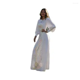 Casual Dresses 2023 Elegant Lace-up White Muslim Fashionable Dress Sequins Ethnic Style Middle East Women's Clothing