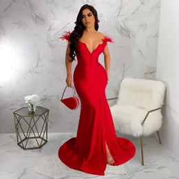 Urban Sexy Dresses Sexy Off Shoulder Deep V Neck Long Maxi Dress Feather Patchwork Front Split Sexy Mermaid Wedding Evening Dinner Dress Vestido 230719