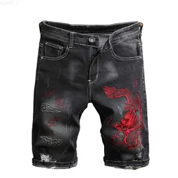 Mäns shorts sommarhål Men denim shorts kvalitet broderad svart smal gata kort jeans kinesisk stil rippad stretch knä längd byxor l230719