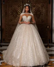 Luxuriöse Ballkleid-Hochzeitskleider mit langen Ärmeln, V-Ausschnitt, Neckholder, Pailletten, Applikationen, Rüschen, Perlen, Diamanten, Perlen, Brautkleider in Übergröße, nach Maß, Vestido de Novia