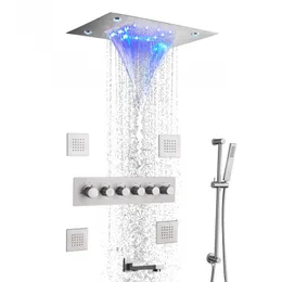 Sistema de torneira de chuveiro de chuva termostática escovada conjunto de misturador de banheiro montado no teto 14 x 20 polegadas cabeça de chuveiro de chuva com efeito de chuva de LED 296x
