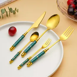 Geschirr Sets 5PCS Gold Edelstahl Besteck Set Geschirr Smaragd Marmor Keramik Griff Messer Gabel Löffel Abendessen Dessert Besteck