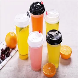 700ml 24oz Bebidas frias Copos de suco Café Copos de chá com leite Engrossar Copos de plástico transparente descartáveis para bebidas com tampa SN176305J