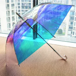 Umbrellas Creative Fashion Magic Colorful Laser Transparent Umbrella Automatic Sunshine Umbrella Sen Series Rainbow Umbrella Straight Rod 230719