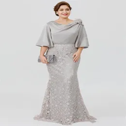 Elegant Silver Silk Satin Lace Mother's Dresses Plus Size Mother Of The Bride Dresses Flare Sleeve Long Mermaid Wedding Guest229M