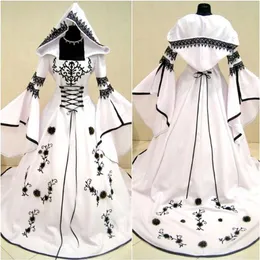 Renaissance Medieval Vintage Black and White Wedding Dresses 2019 långärmad broderi spetsa applicerad spets upp gotisk brud2311
