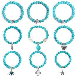 Link Bracelets Silver Color Buddha Head Lava Skeleton Turquoises Natural Stone Beads For Women Men Bracelet Set Charm Bangles