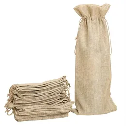 12st Rustic Jute Wine Bag Vintage Hessian Burlap Drawstring Gift Wine Bottle Påsar för bröllopsfestdekor Wrap Packaging283H