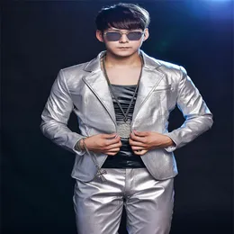 R63 Silver Pu Men Suit Singer Stage Performance Wears Dress DJ Host Ballroom Dance Costumes Party Show Model Clothing Outfits DS J286K