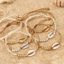 1PC Fashion Shell Bead Bracelets Boho Vintage Cowrie Gold Color Seashell Handmade Adjustable Bracelet Beach Jewelry for Women259C