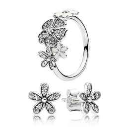 Pandora 925 스털링 실버 디자이너 보석 세트 여자 소녀 크리스탈 다이아몬드 꽃 반지 원본 상자와 함께 귀걸이를위한 눈부신 데이지 스터드 귀걸이