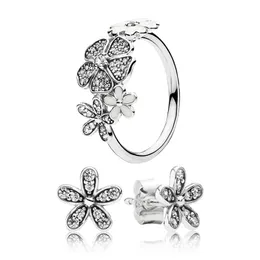 Göz kamaştırıcı papatyalar damızlık küpeler pandora için set 925 STERLING Gümüş Tasarımcı Mücevher Seti Kızlar Kristal Elmas Çiçek Halkaları Orijinal Kutu ile Küpe