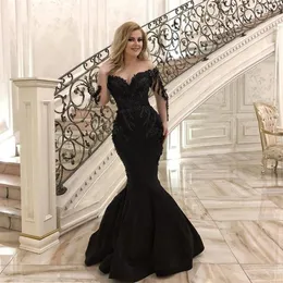 Sexy Black Mermaid Long Sleeves Evening Dresses 2022 Beaded Saudi Arabic Sheer Neck Satin Long Prom Gowns Floor Length Formal Part221B