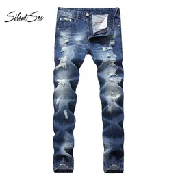 Calça Jeans Masculina Silentsea Biker Men High Stretch Cargo Denim Plissada Slim Jean Riscado Calça Grande Tamanho Grande 42318G