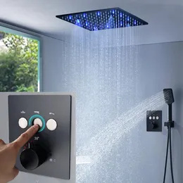 2021 Lüks Duş Sistemi Matt Siyah Yüzey 16 İnç Yağmur ve Sis Duş Başlığı Tavan Kolları Monte Termostataik Düğme Karıştırıcı Set2123
