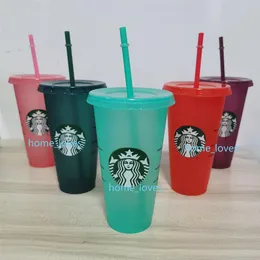 Ny 24oz 710 ml Starbucks paljetter Plast Tumbler återanvändbar klart drickande platt botten kopp pelare form lock halm mugg bardian love301u