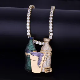 Sprite Bottle Collana con pendente a forma di tazza viola Iced Out Gioielli hip-hop da uomo Colore argento dorato Catena da tennis con zirconi cubici257K