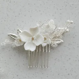 Grampos de cabelo lindos com miçangas de cristal feitos à mão em cerâmica pente de flores folha de ouro acessórios para casamento nupcial