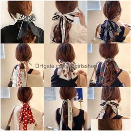 Opaski na głowę Korea długie wstążki Perły włosy Bow Hairs Scrunchies for Women Girls Summer Floral Print Pontail