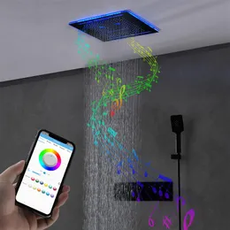 Banyo Yağmur Duş Başlığı Seti 400x400mm Şelale Puslu Musluklar Termostatik Müzik Seti LED LIGHT268D
