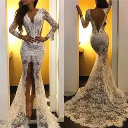 Sexy Style Illusion Lace Wedding Dress Deep Open Back V Neck High Slit Mermaid Bridal Gowns 2020 Modern Fashion Custom Size310r