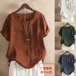 Kvinnors blusar 2023 Summer Casual Linen Cotton Blus Women Elegant Button Short Sleeve Shirt Plus Size Tanic Boho Tops and Streetwear