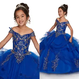 2022 Royal Blue with Gold Embroidery Girls Pageant Dresses Crystal off the shoulder Beading Tulle Ruched Flower Girls dress271e