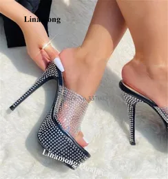 صندل Linamong Crystals PVC Slippers Thin Heel Slippers Bling Peep Toe Thrapparent Rhinestons High Platfor