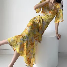 Casual Dresses Women's 2023 Super Fashion Yellow War Robe Vacation With Belt Printed Midi Retro Short Sleeve Dress Vestidos Mujer