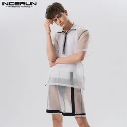 Moletons com capuz masculinos 2023 Conjuntos masculinos Mesh Patchwork Streetwear Manga curta transparente Camisa com zíper Shorts 2 peças Respirável Sexy Ternos INCERUN 230719