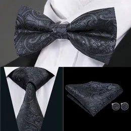 Hi-Tie Classic Mens Tie Siyah Floral İpek Dokuma Bowtie Mendilce Kemerleri ile Erkek Gelinlik Moda Takımı LH-0718 D-1317G